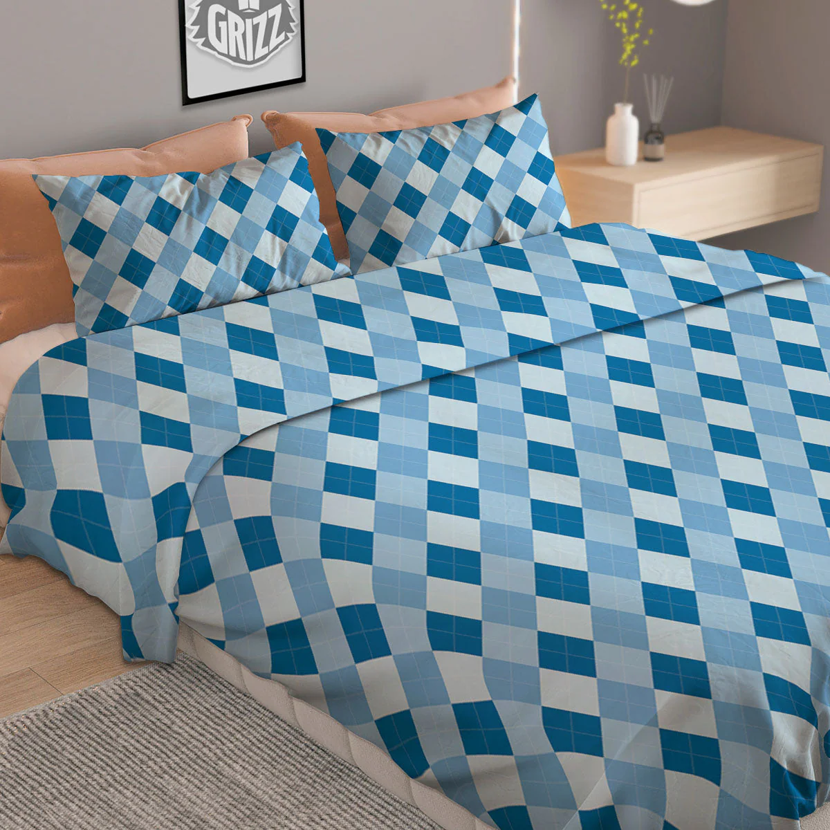 Argyle Blue Print Pattern Duvet Cover Bedding Set - Image 2