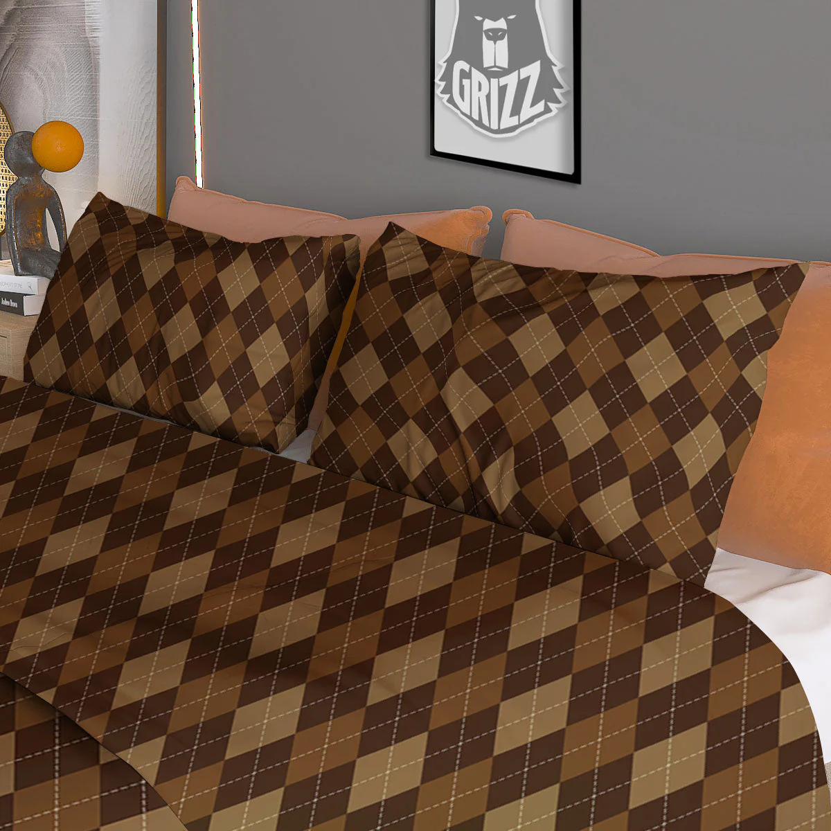 Argyle Brown Print Pattern Duvet Cover Bedding Set - Image 3