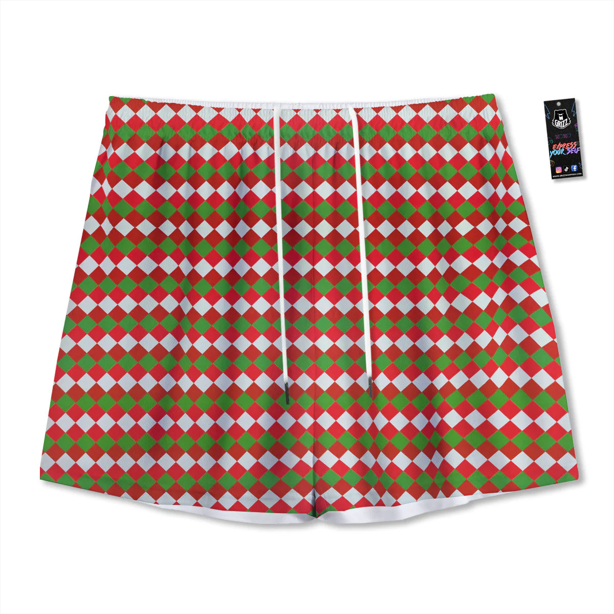 Argyle Christmas Themed Print Pattern Mesh Shorts