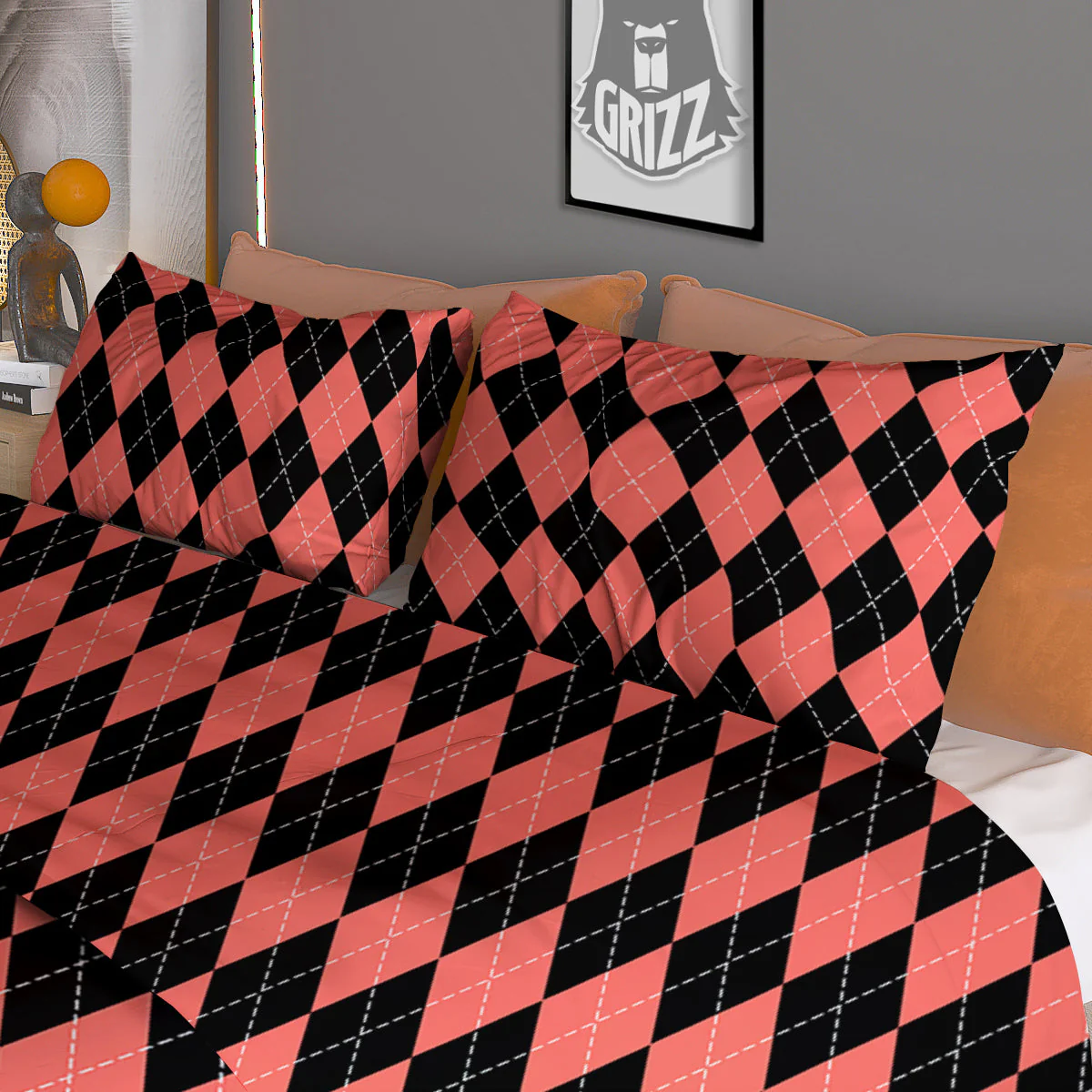 Argyle Coral And Black Print Pattern Duvet Cover Bedding Set - Image 3