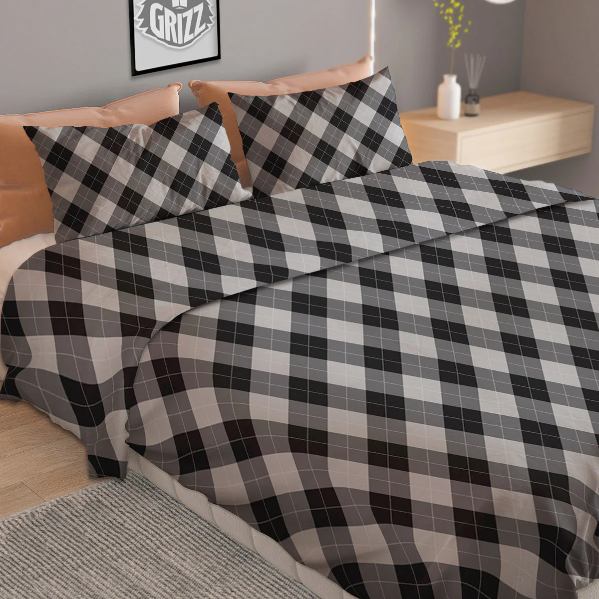 Argyle Dark Grey Print Pattern Duvet Cover Bedding Set - Image 2