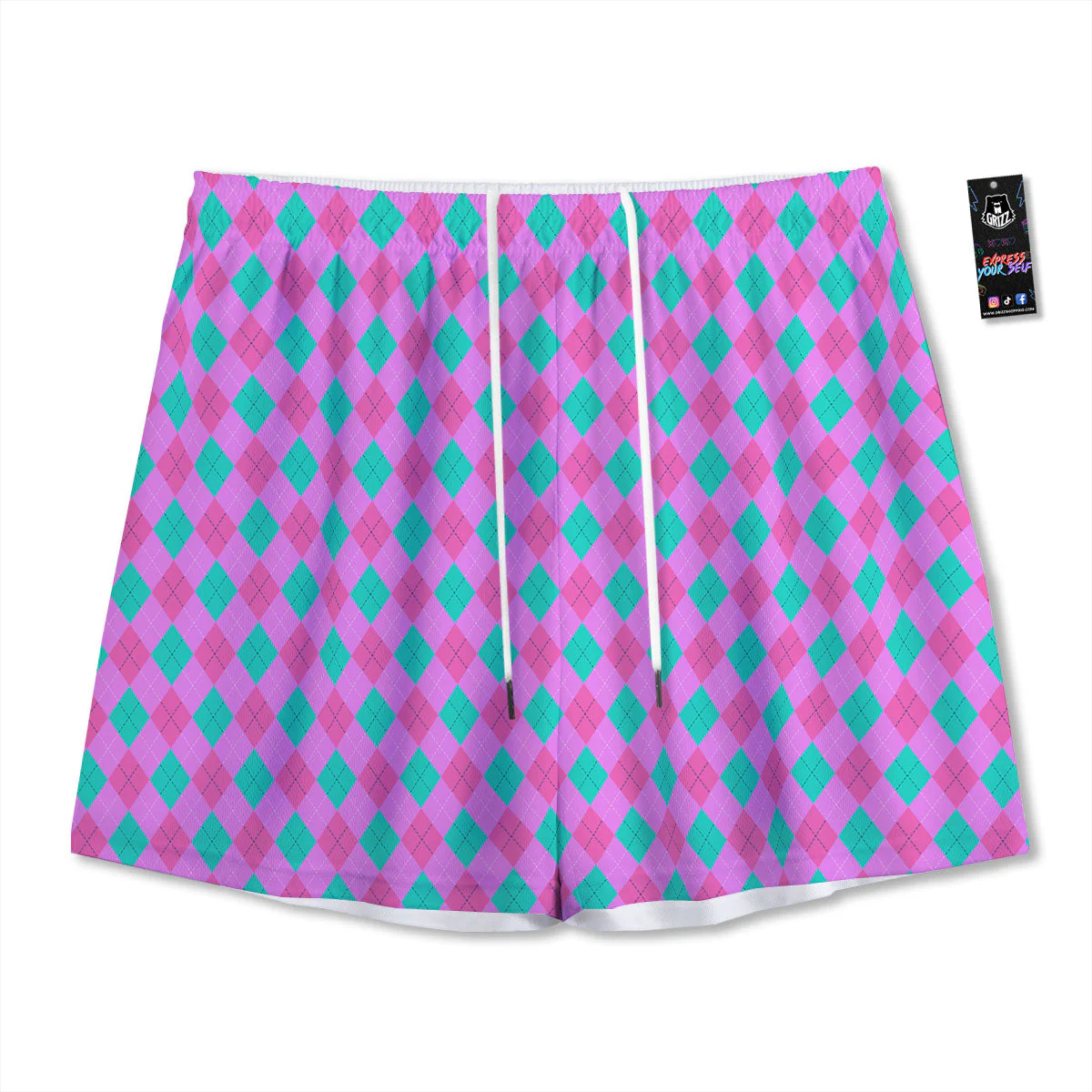 Argyle Green And Pink Print Pattern Mesh Shorts