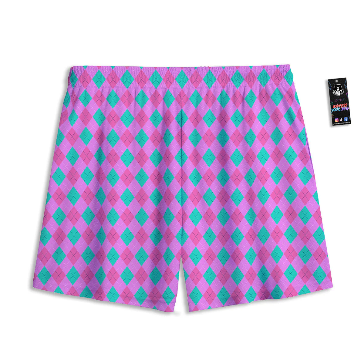 Argyle Green And Pink Print Pattern Mesh Shorts - Image 2