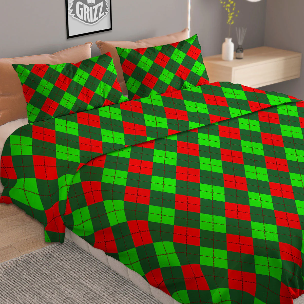 Argyle Green And Red Print Pattern Duvet Cover Bedding Set - Image 2
