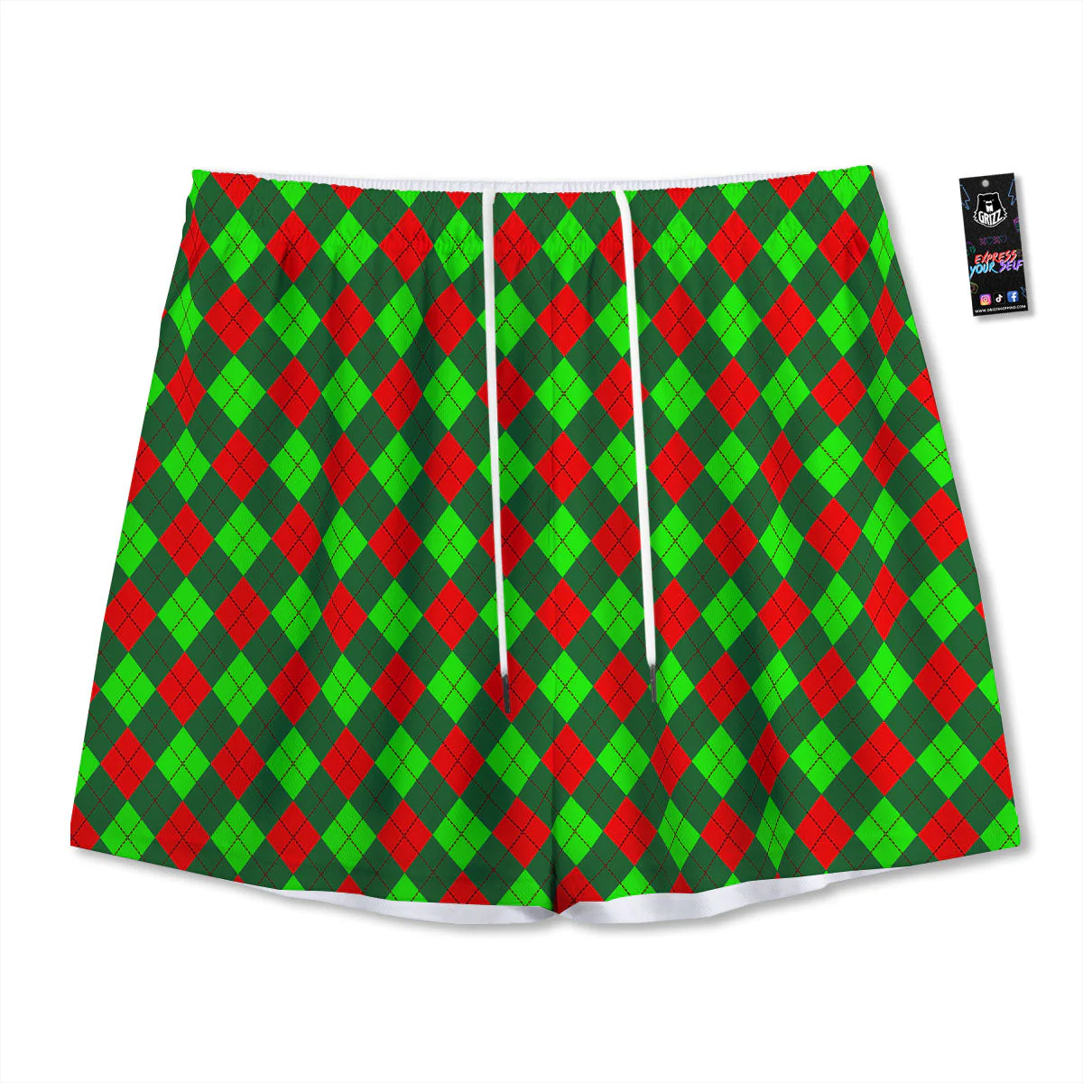 Argyle Green And Red Print Pattern Mesh Shorts