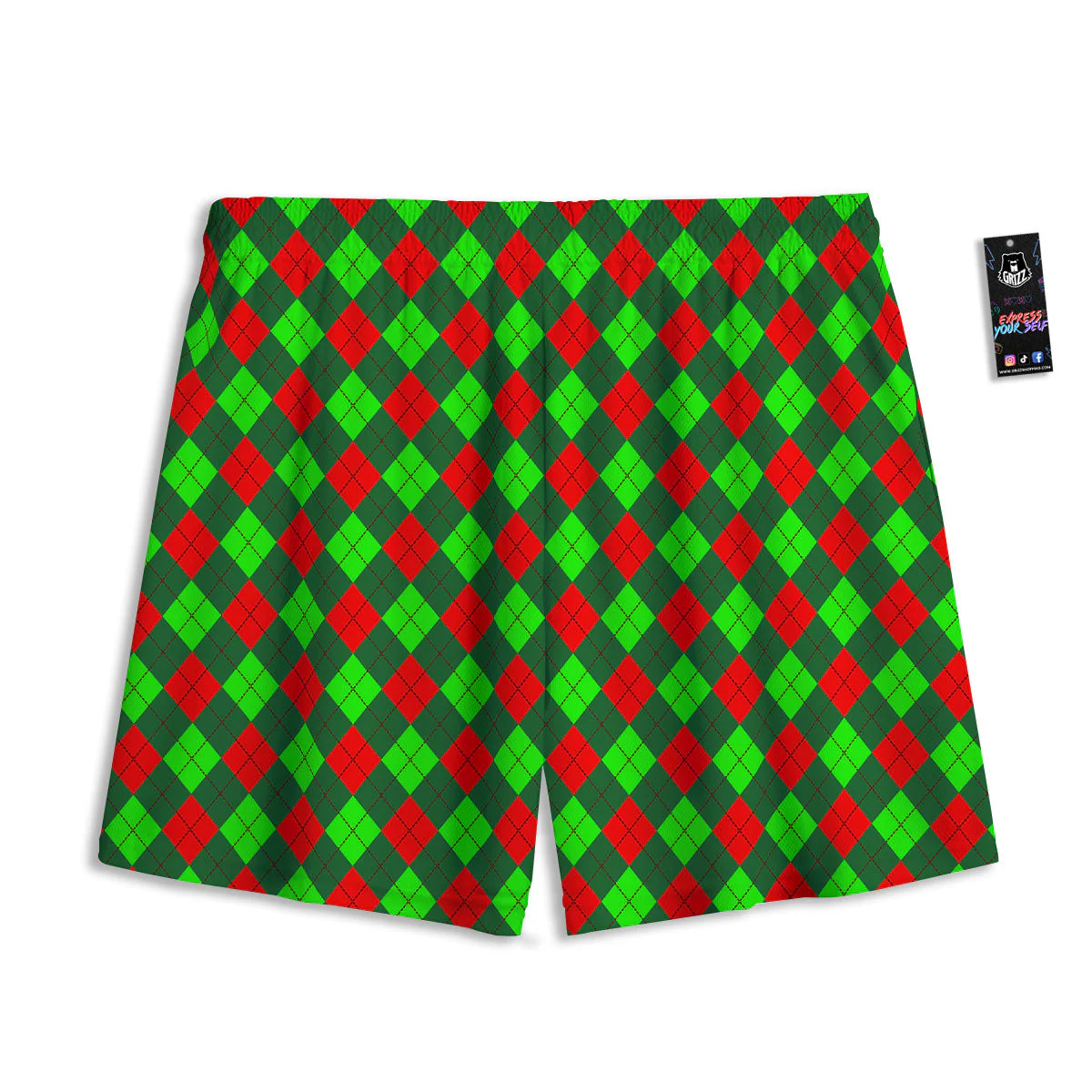 Argyle Green And Red Print Pattern Mesh Shorts - Image 2