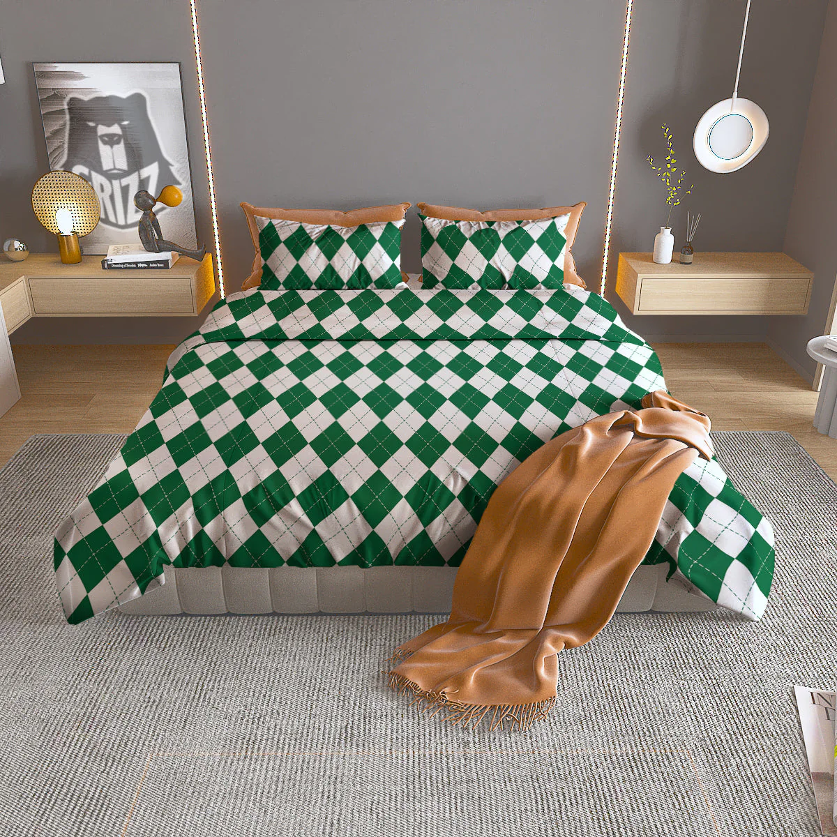 Argyle Green And White Print Pattern Duvet Cover Bedding Set
