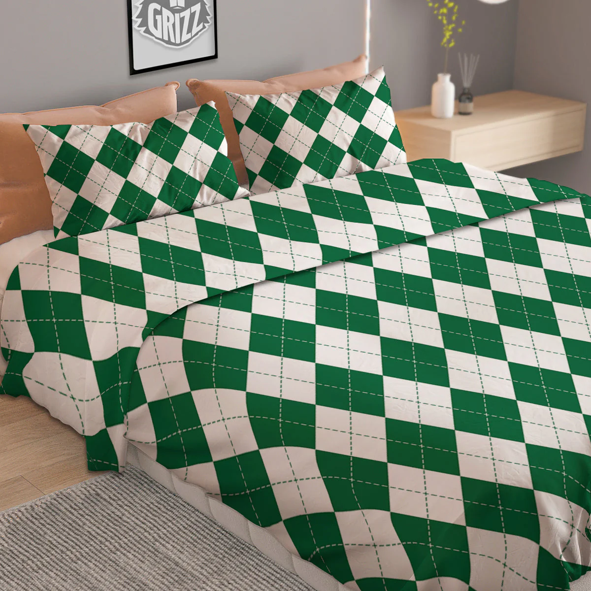Argyle Green And White Print Pattern Duvet Cover Bedding Set - Image 2