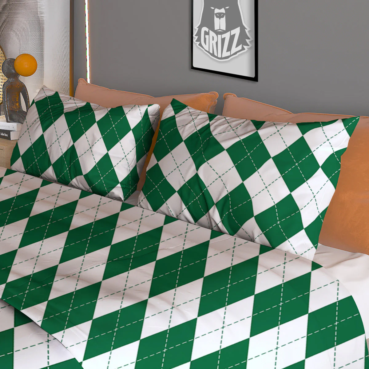 Argyle Green And White Print Pattern Duvet Cover Bedding Set - Image 3