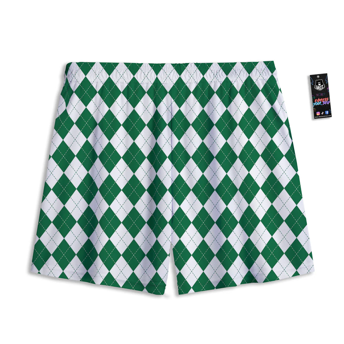 Argyle Green And White Print Pattern Mesh Shorts - Image 2