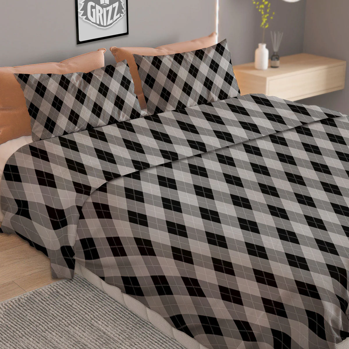 Argyle Grey And Black Print Pattern Duvet Cover Bedding Set - Image 2