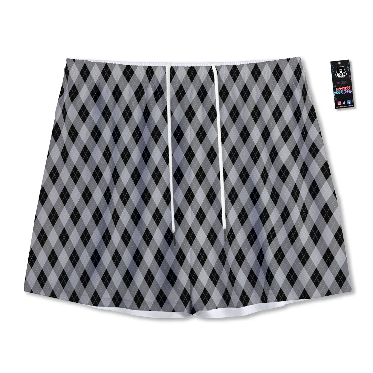 Argyle Grey And Black Print Pattern Mesh Shorts