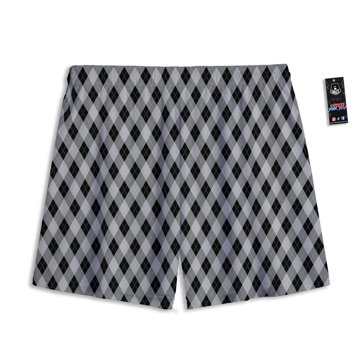 Argyle Grey And Black Print Pattern Mesh Shorts - Image 2