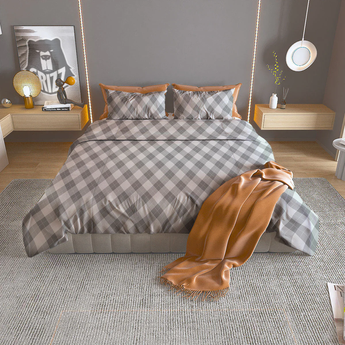 Argyle Grey Print Pattern Duvet Cover Bedding Set