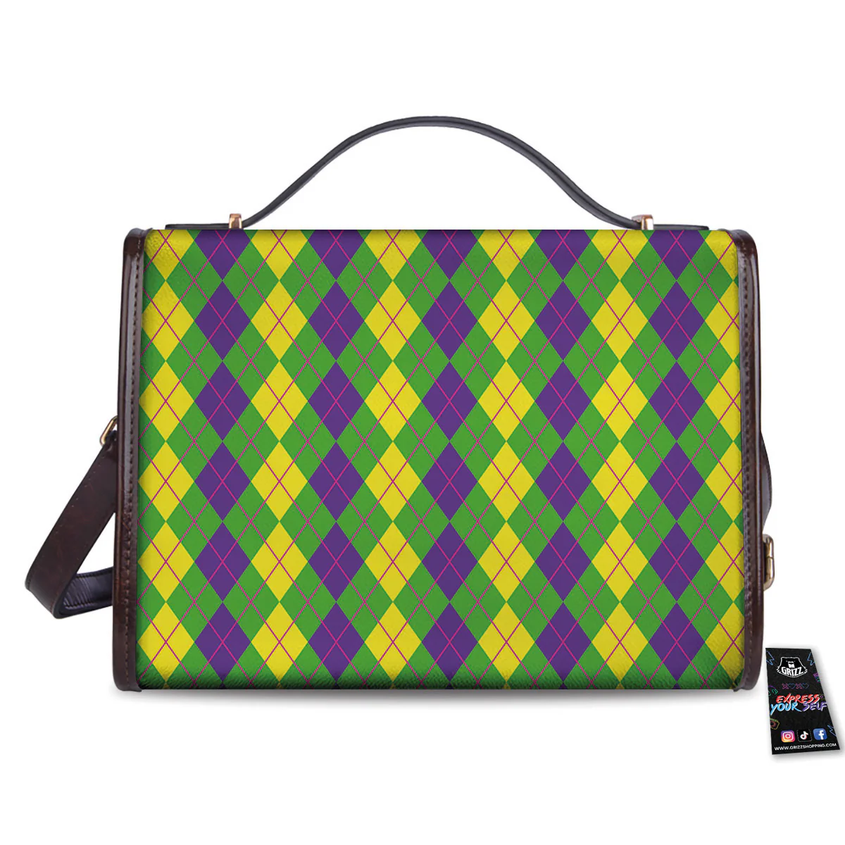 Argyle Mardi Gras Print Pattern Women's Satchel Bag - Image 2