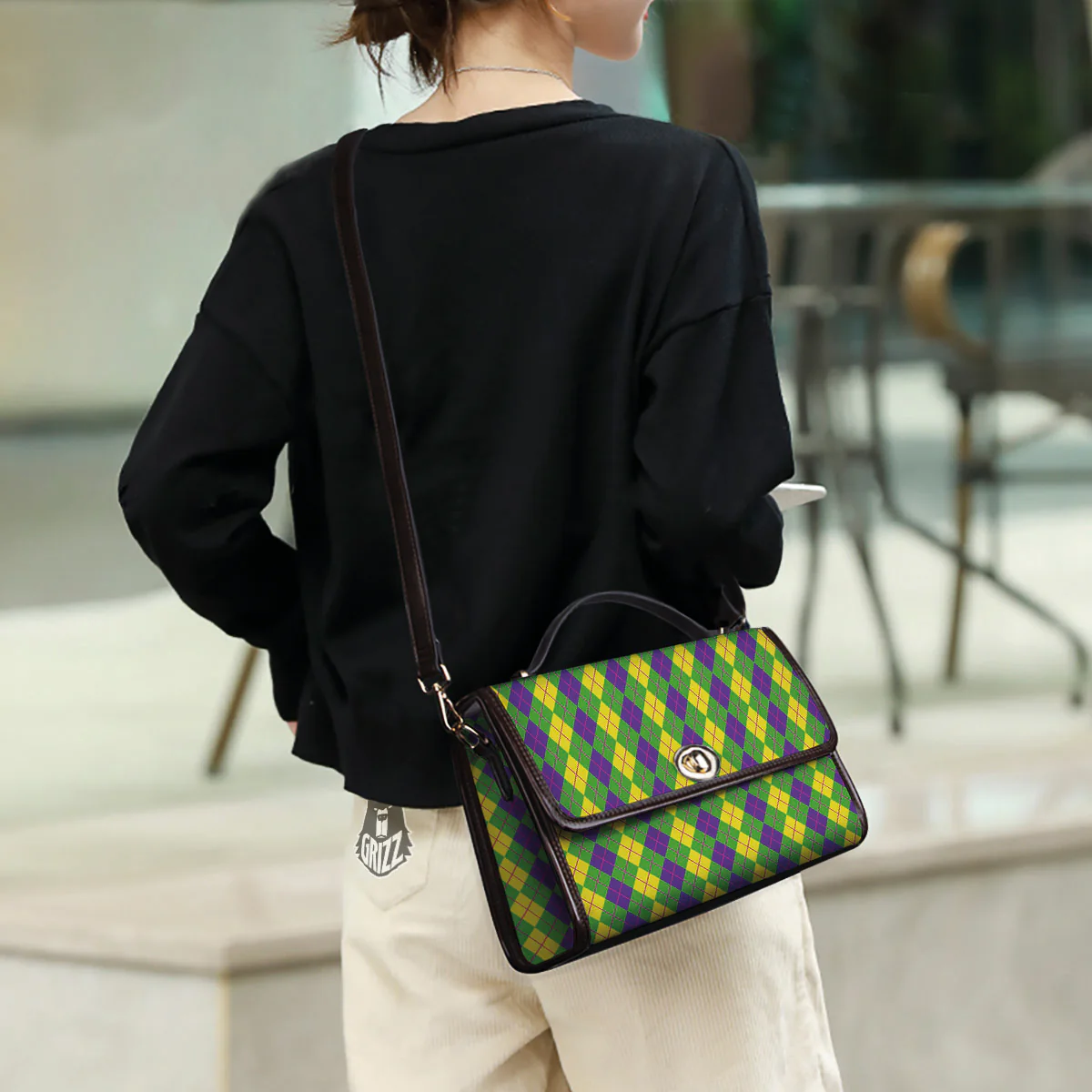 Argyle Mardi Gras Print Pattern Women's Satchel Bag - Image 3