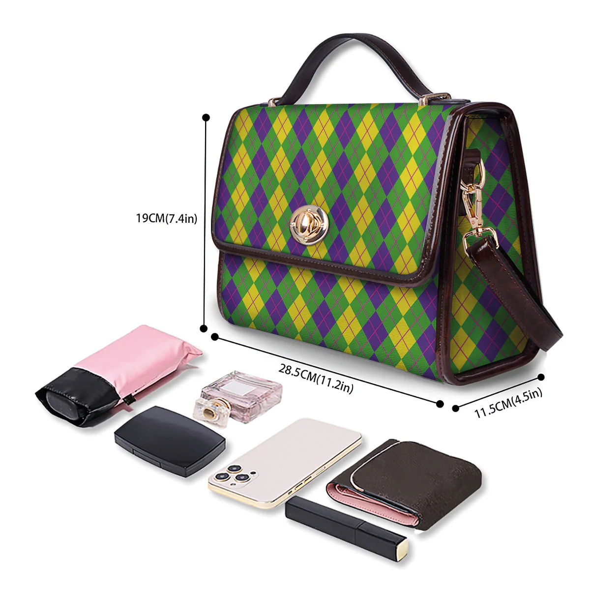 Argyle Mardi Gras Print Pattern Women's Satchel Bag - Image 4