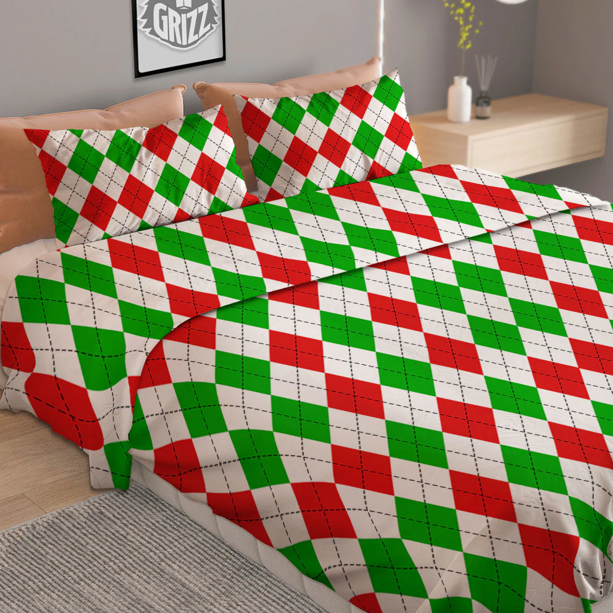 Argyle Merry Christmas Print Pattern Duvet Cover Bedding Set - Image 2