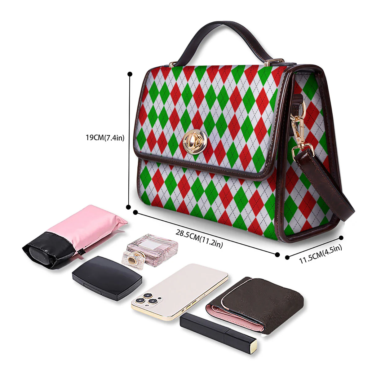 Argyle Merry Christmas Print Pattern Women's Satchel Bag - Image 4