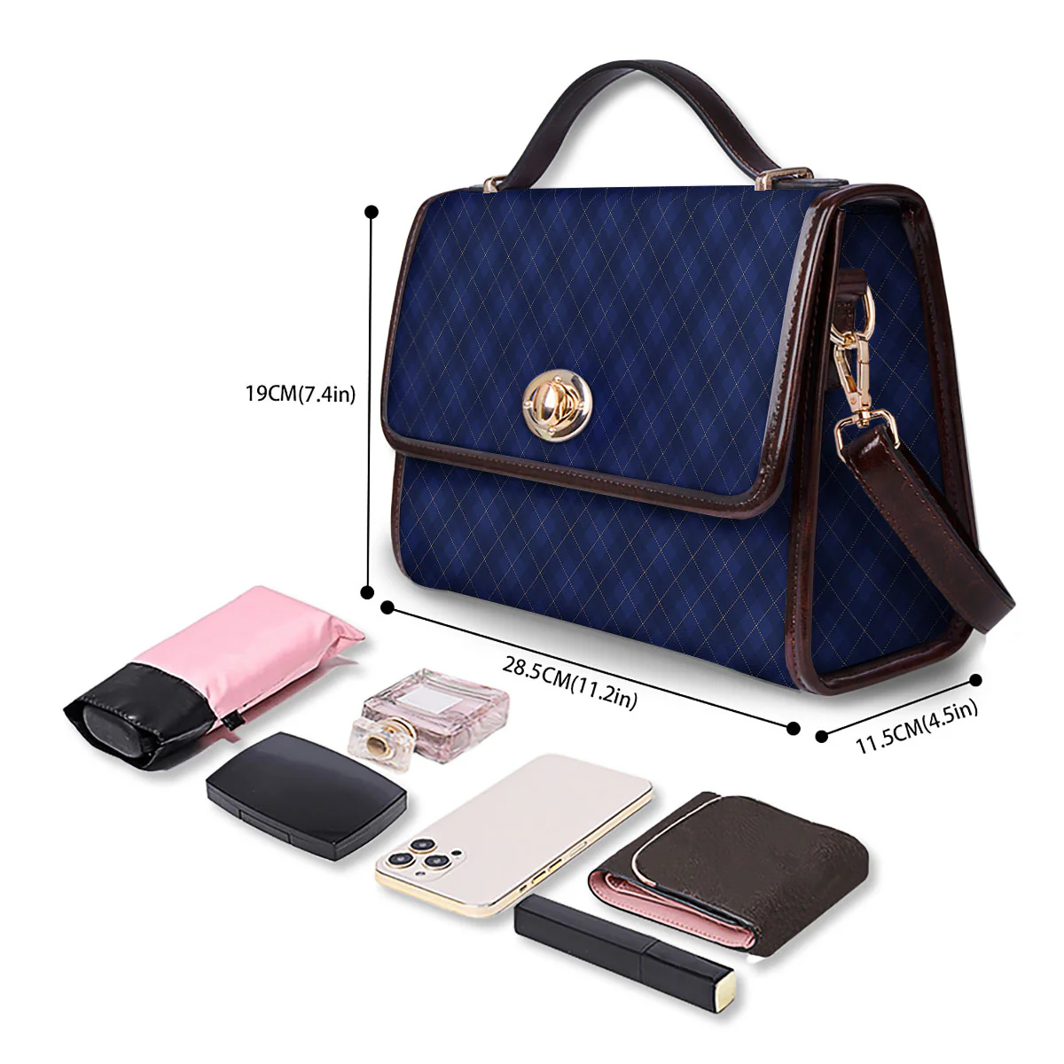 Argyle Navy Blue Print Pattern Women's Satchel Bag - Image 4