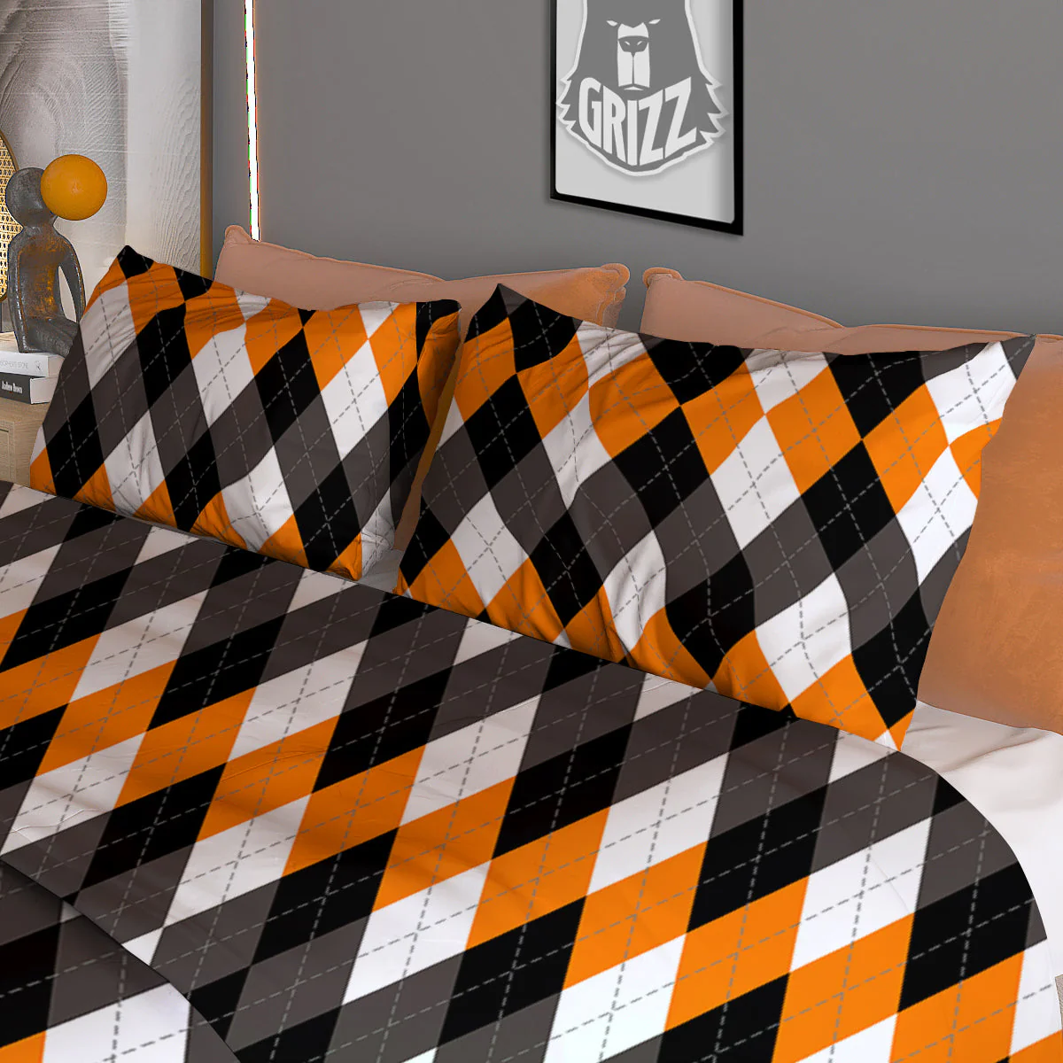 Argyle Orange Black And White Print Pattern Duvet Cover Bedding Set - Image 3