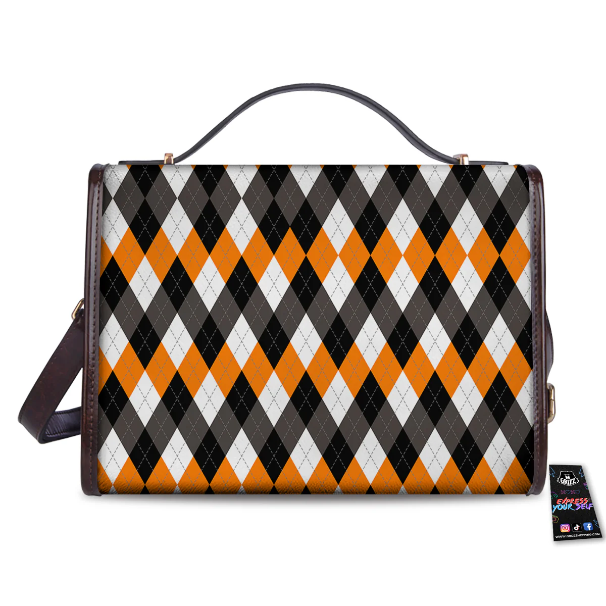 Argyle Orange Black And White Print Pattern Women's Satchel Bag - Image 2