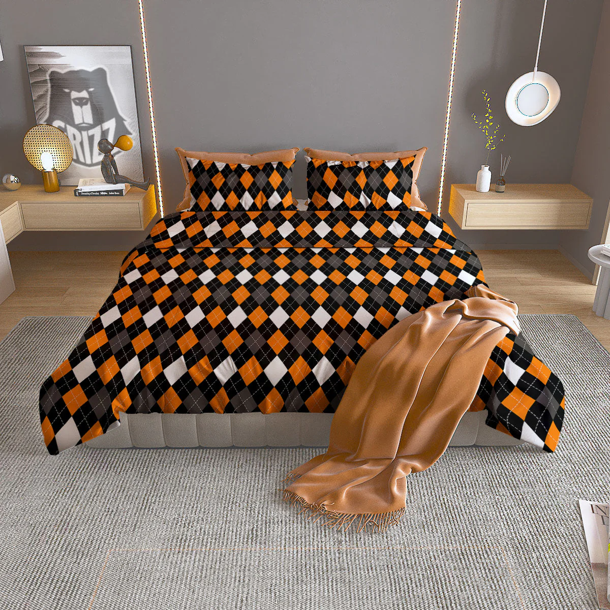 Argyle Orange Black Grey And White Print Duvet Cover Bedding Set