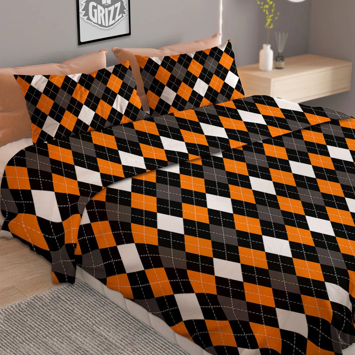 Argyle Orange Black Grey And White Print Duvet Cover Bedding Set - Image 2