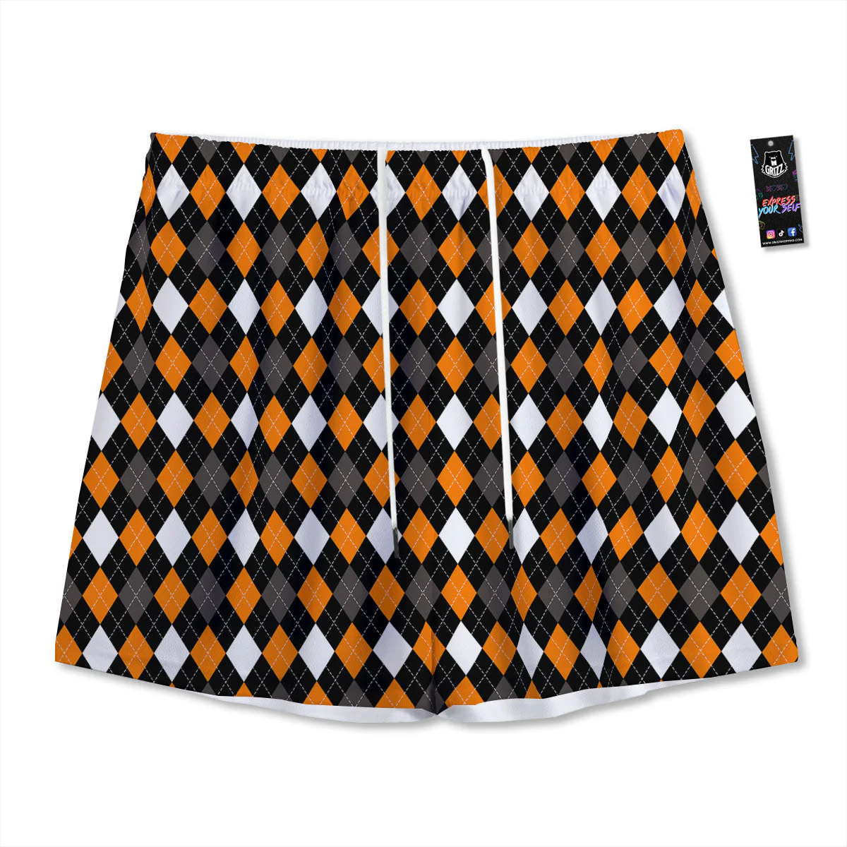 Argyle Orange Black Grey And White Print Mesh Shorts