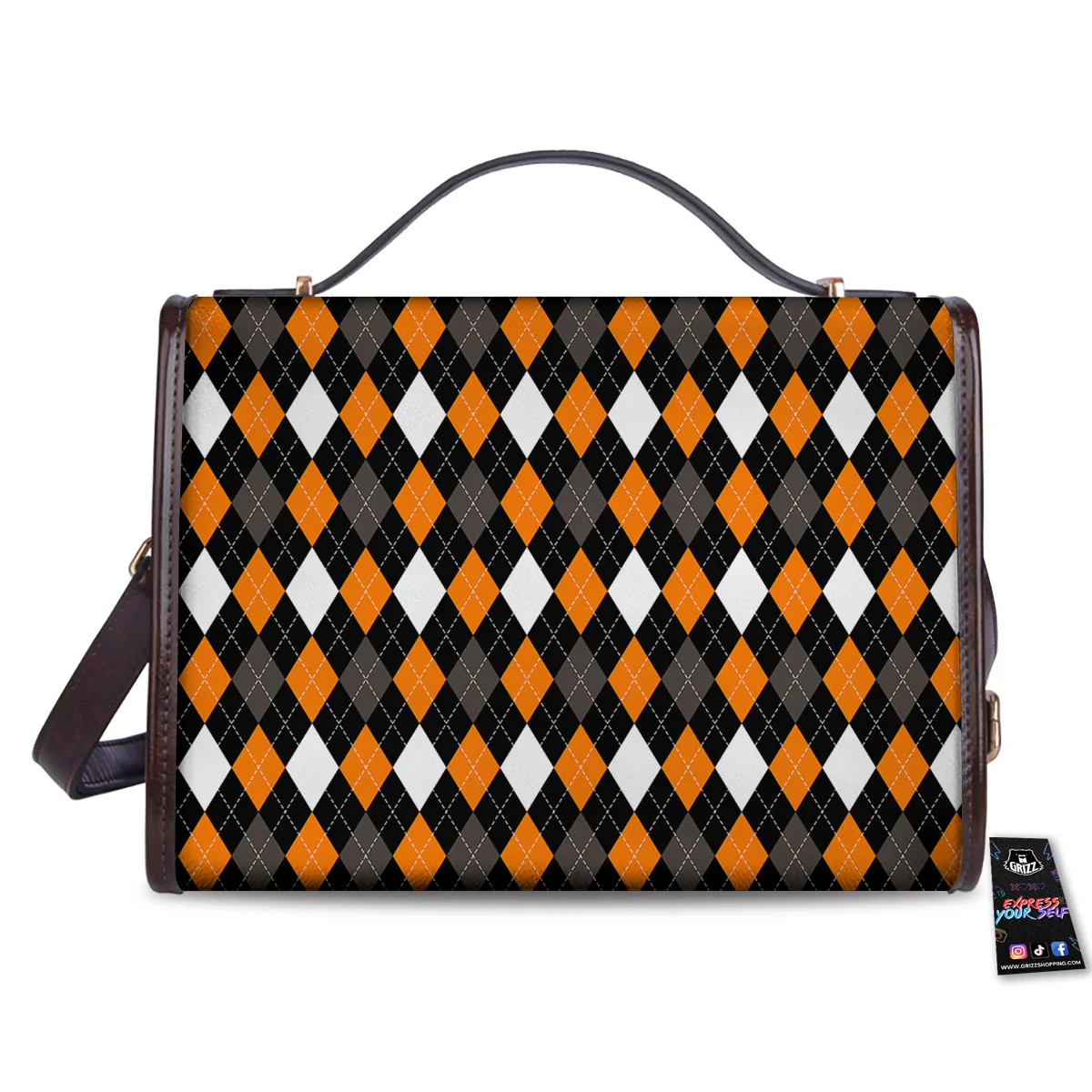 Argyle Orange Black Grey And White Print Women's Satchel Bag - Image 2