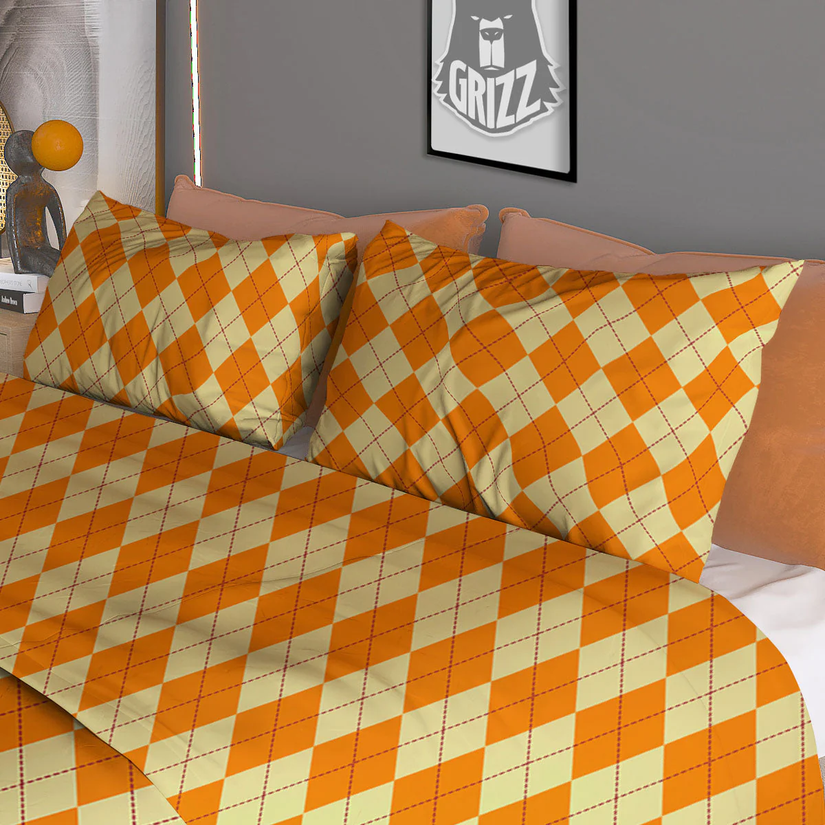 Argyle Orange Print Pattern Duvet Cover Bedding Set - Image 3