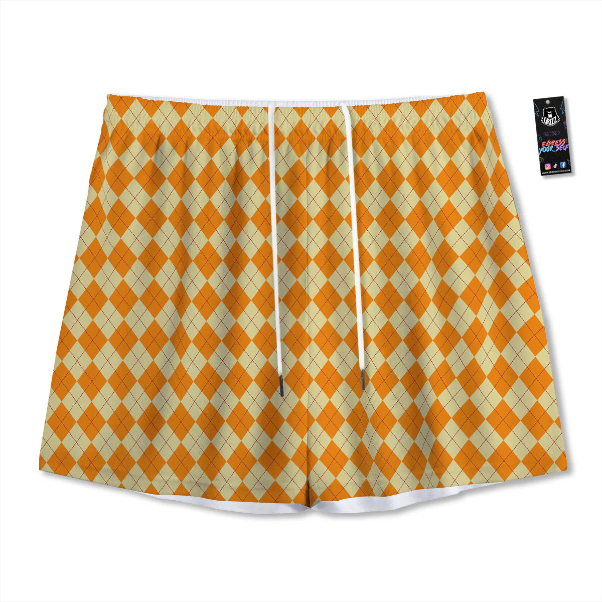 Argyle Orange Print Pattern Mesh Shorts