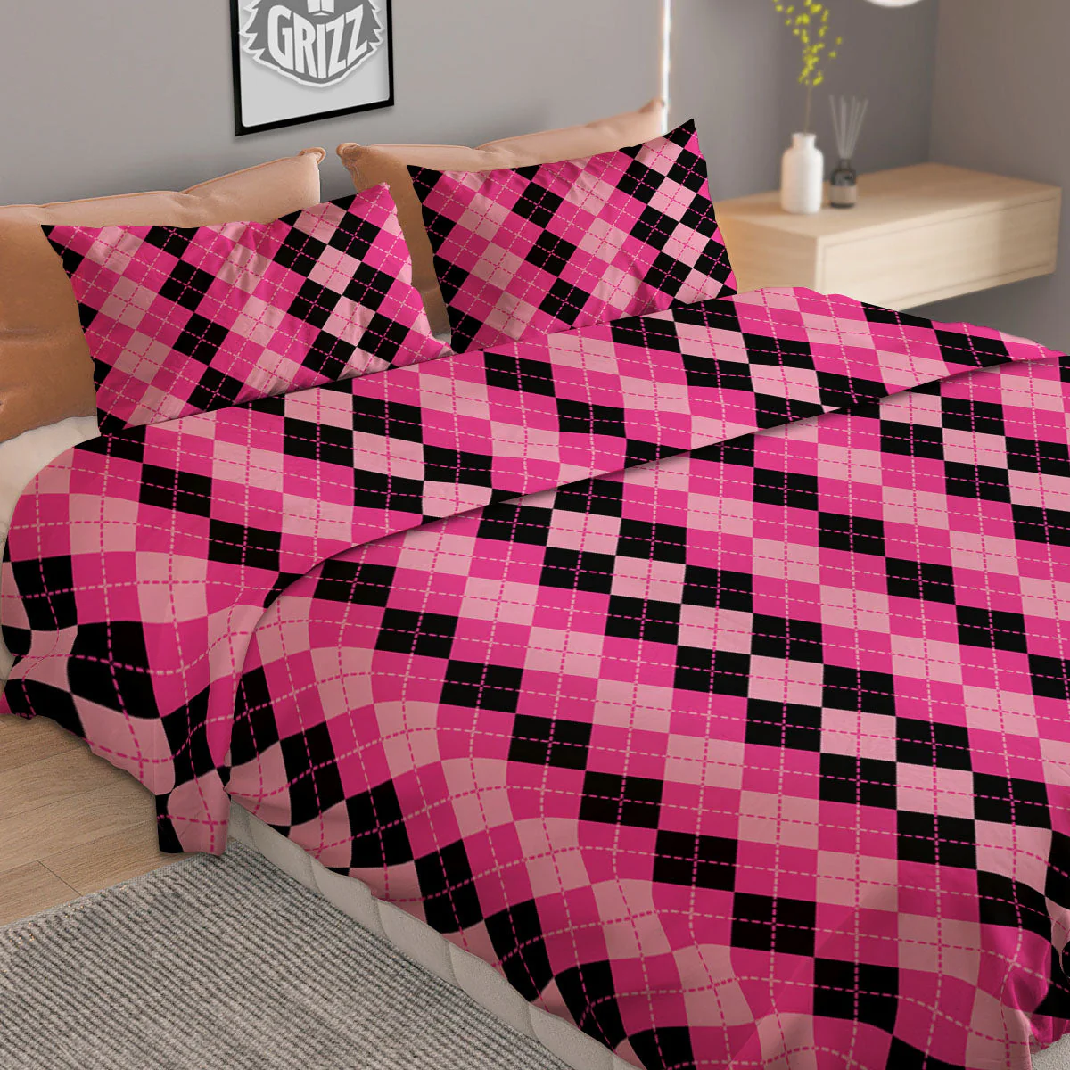 Argyle Pink And Black Print Pattern Duvet Cover Bedding Set - Image 2