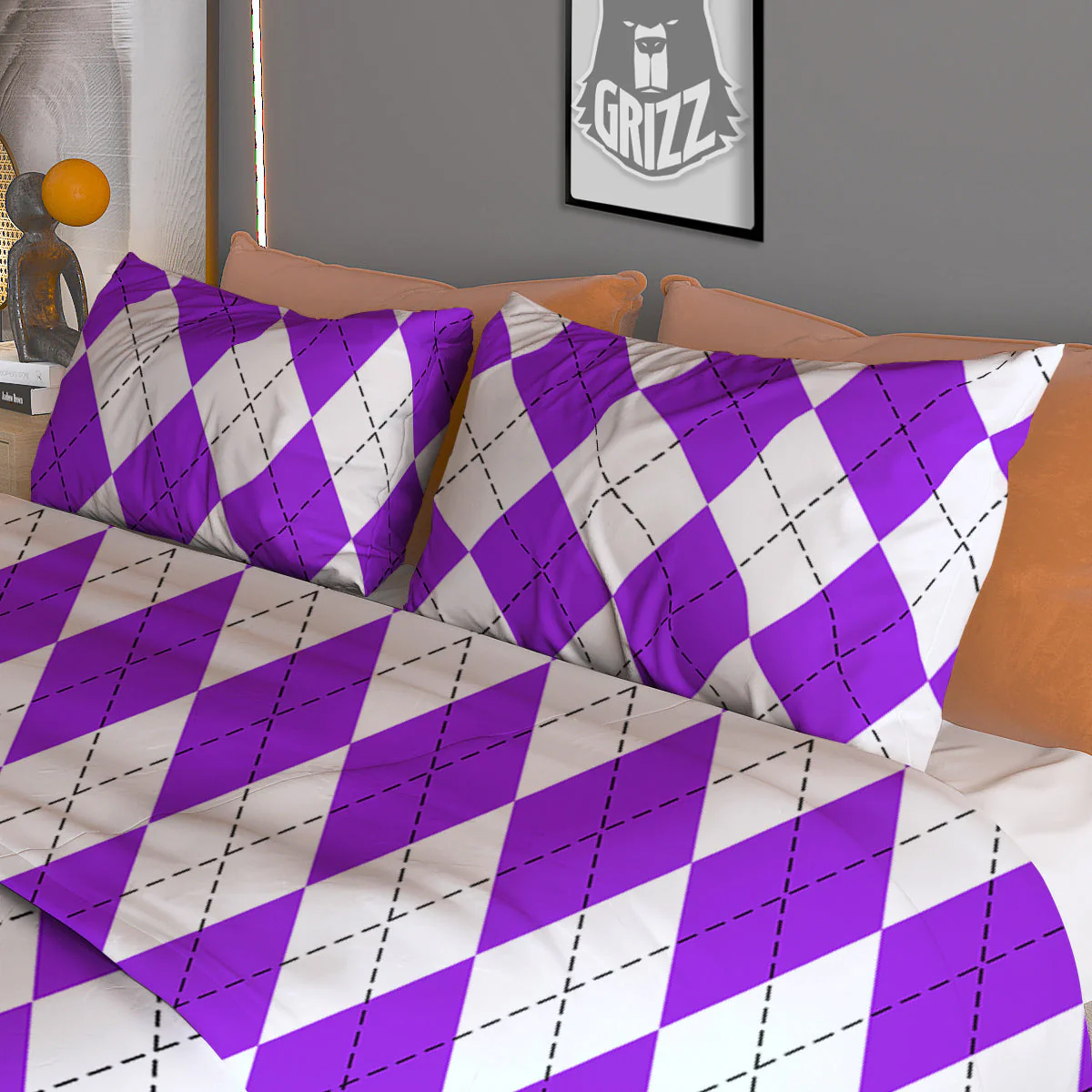 Argyle Purple And White Print Pattern Duvet Cover Bedding Set - Image 3