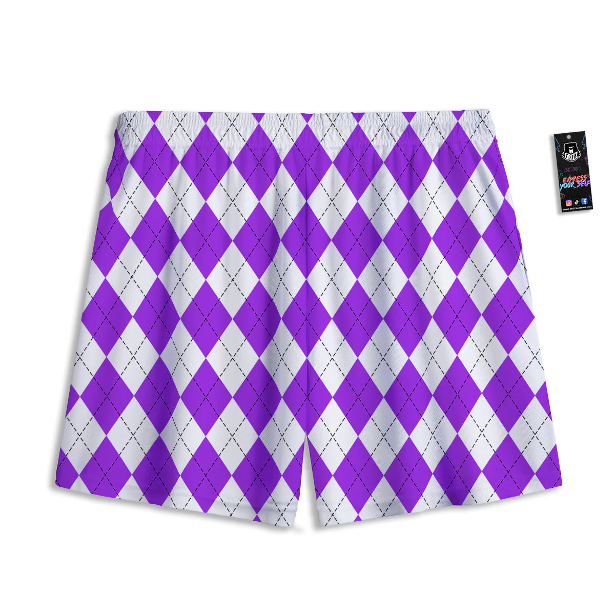 Argyle Purple And White Print Pattern Mesh Shorts - Image 2