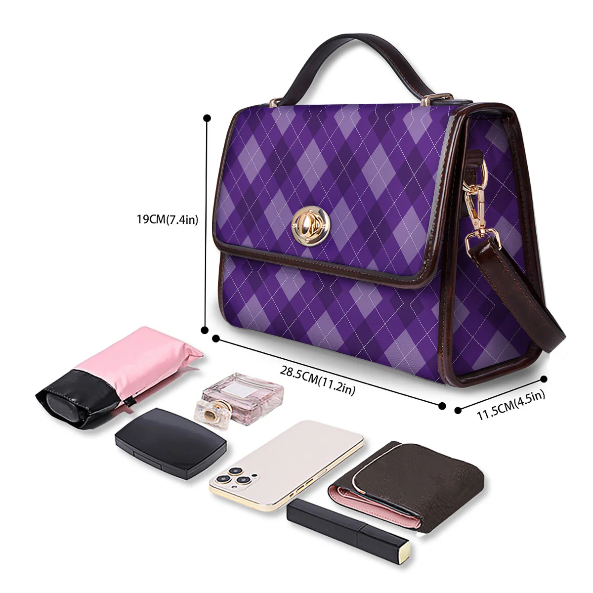 Argyle Purple Print Pattern Women's Satchel Bag - Image 4