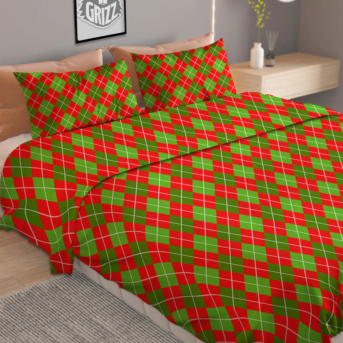 Argyle Red And Green Print Pattern Duvet Cover Bedding Set - Image 2