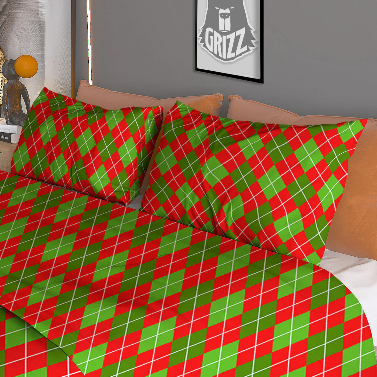 Argyle Red And Green Print Pattern Duvet Cover Bedding Set - Image 3