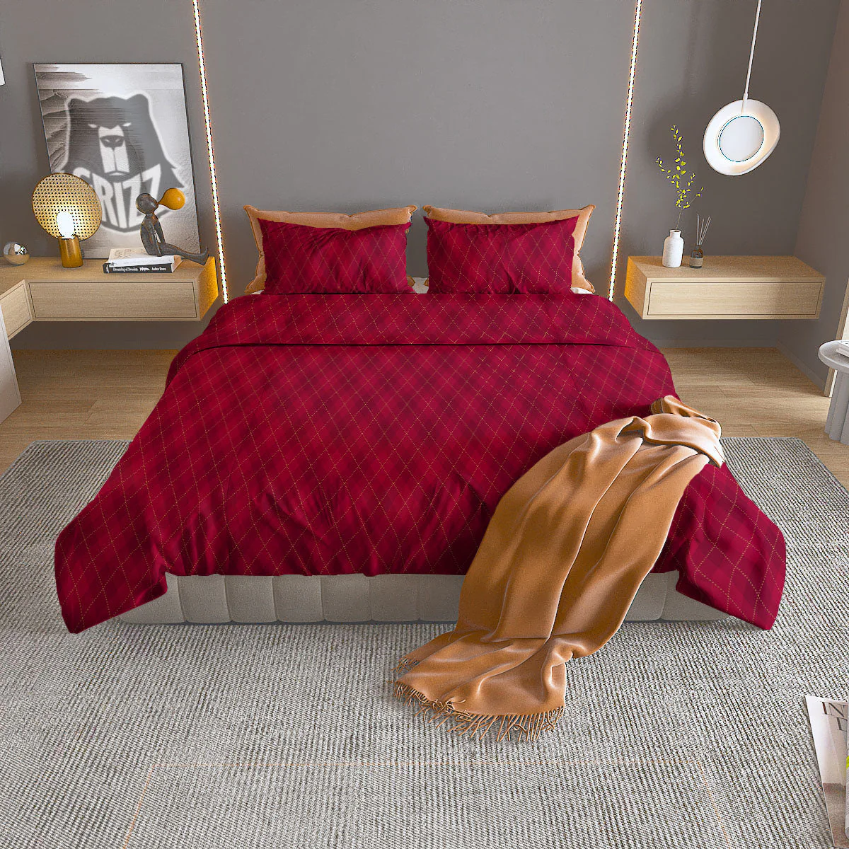 Argyle Red Print Pattern Duvet Cover Bedding Set