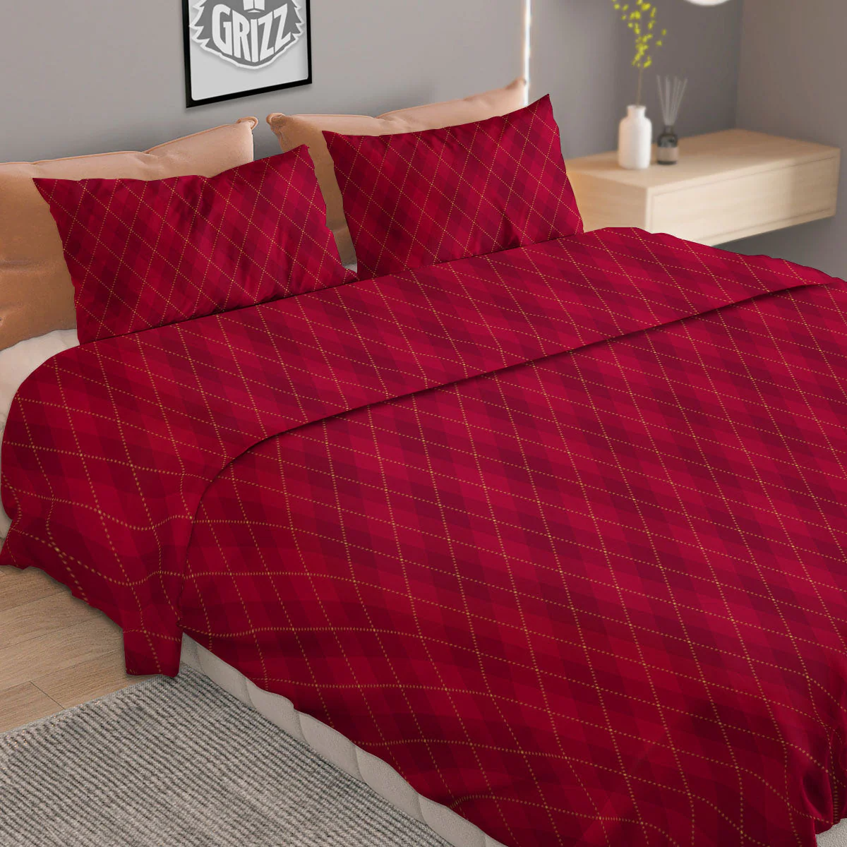 Argyle Red Print Pattern Duvet Cover Bedding Set - Image 2