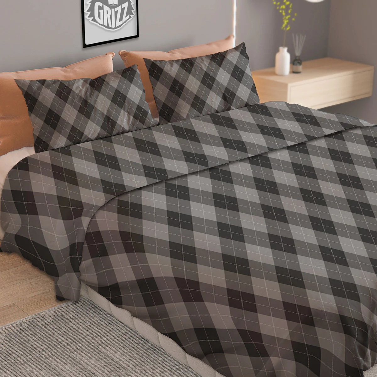 Argyle Shadow Grey Print Pattern Duvet Cover Bedding Set - Image 2