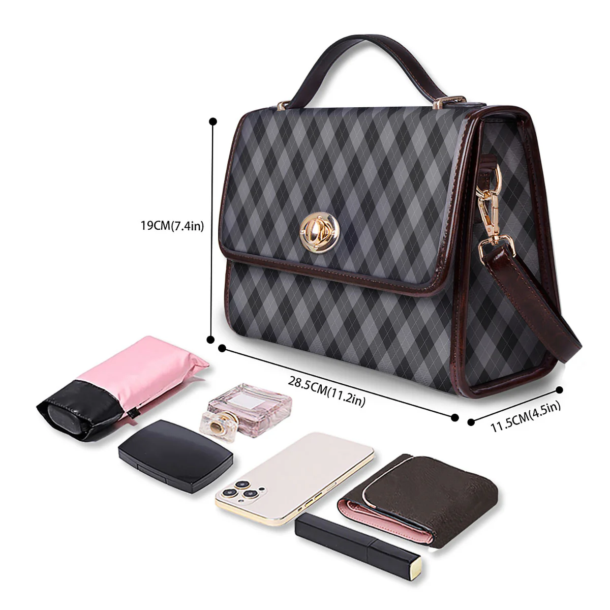 Argyle Shadow Grey Print Pattern Women's Satchel Bag - Image 4