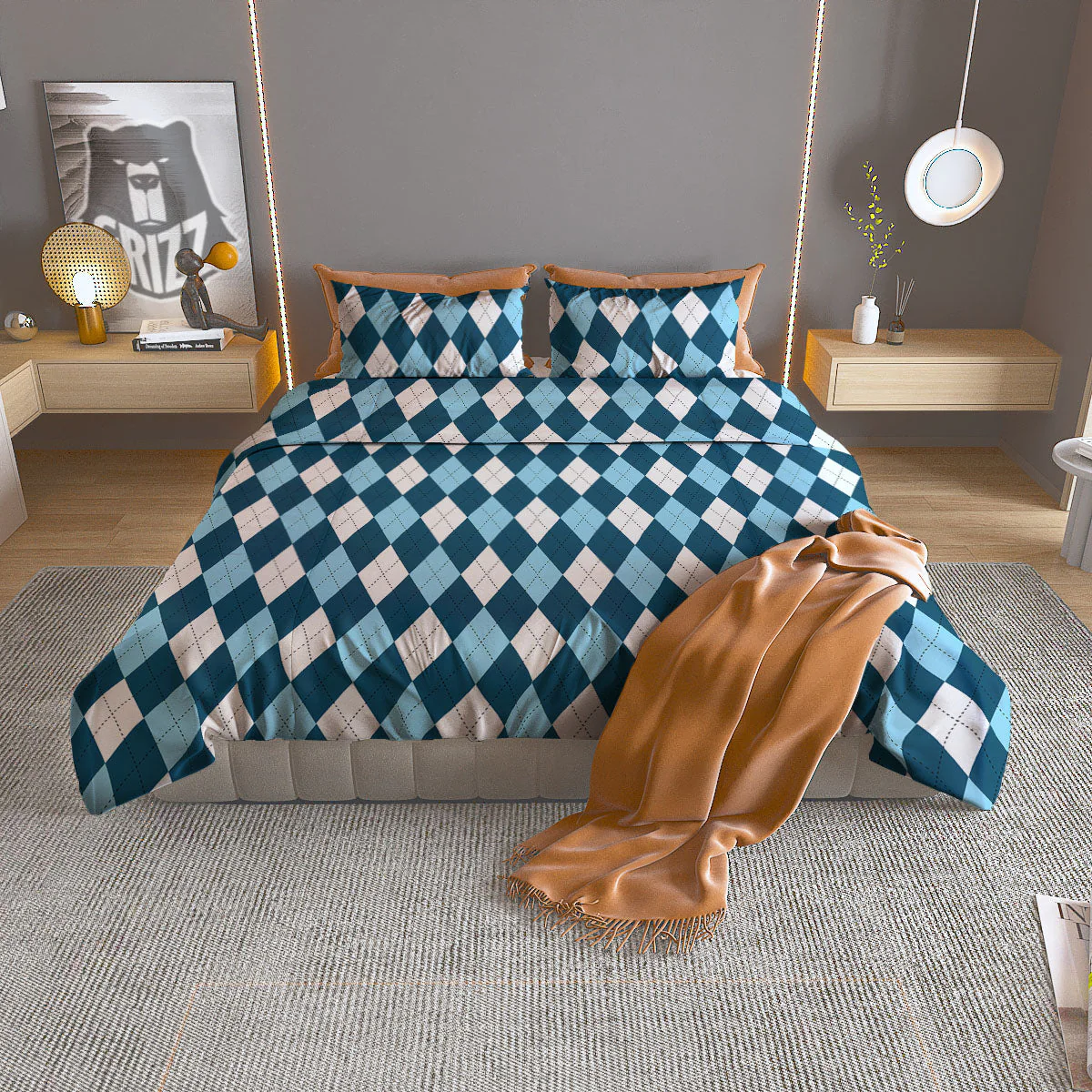 Argyle Soft Blue Print Pattern Duvet Cover Bedding Set