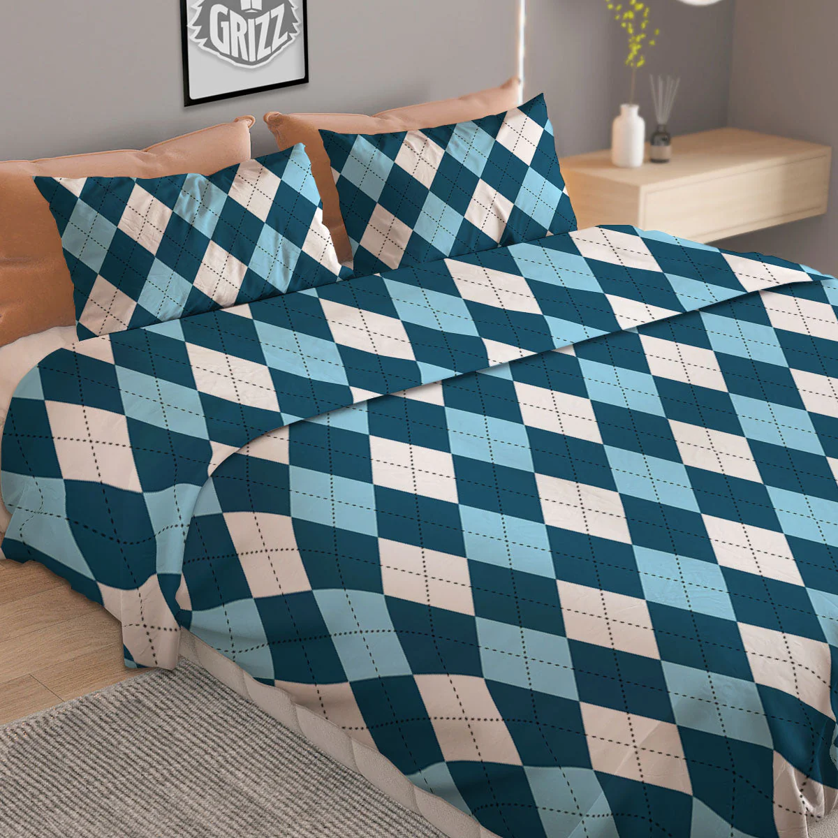 Argyle Soft Blue Print Pattern Duvet Cover Bedding Set - Image 2