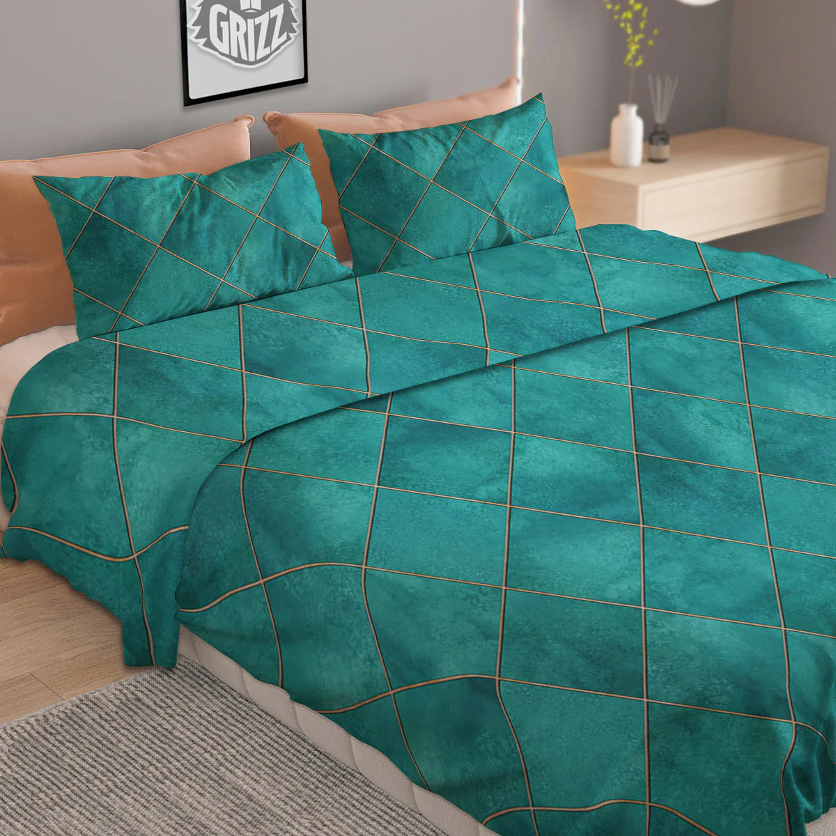 Argyle Turquoise Print Pattern Duvet Cover Bedding Set - Image 2
