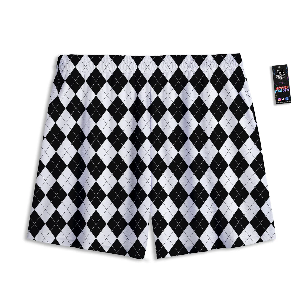 Argyle White And Black Print Pattern Mesh Shorts - Image 2
