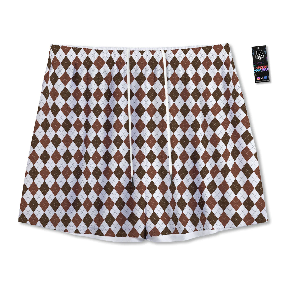 Argyle White And Brown Print Pattern Mesh Shorts