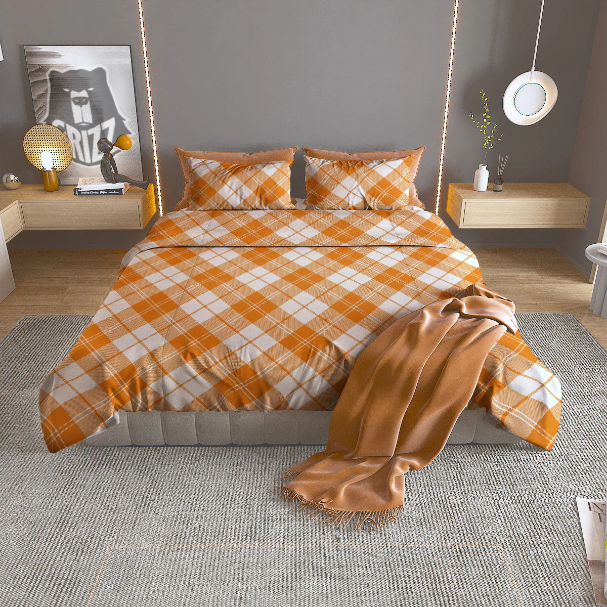 Argyle White And Orange Print Pattern Duvet Cover Bedding Set