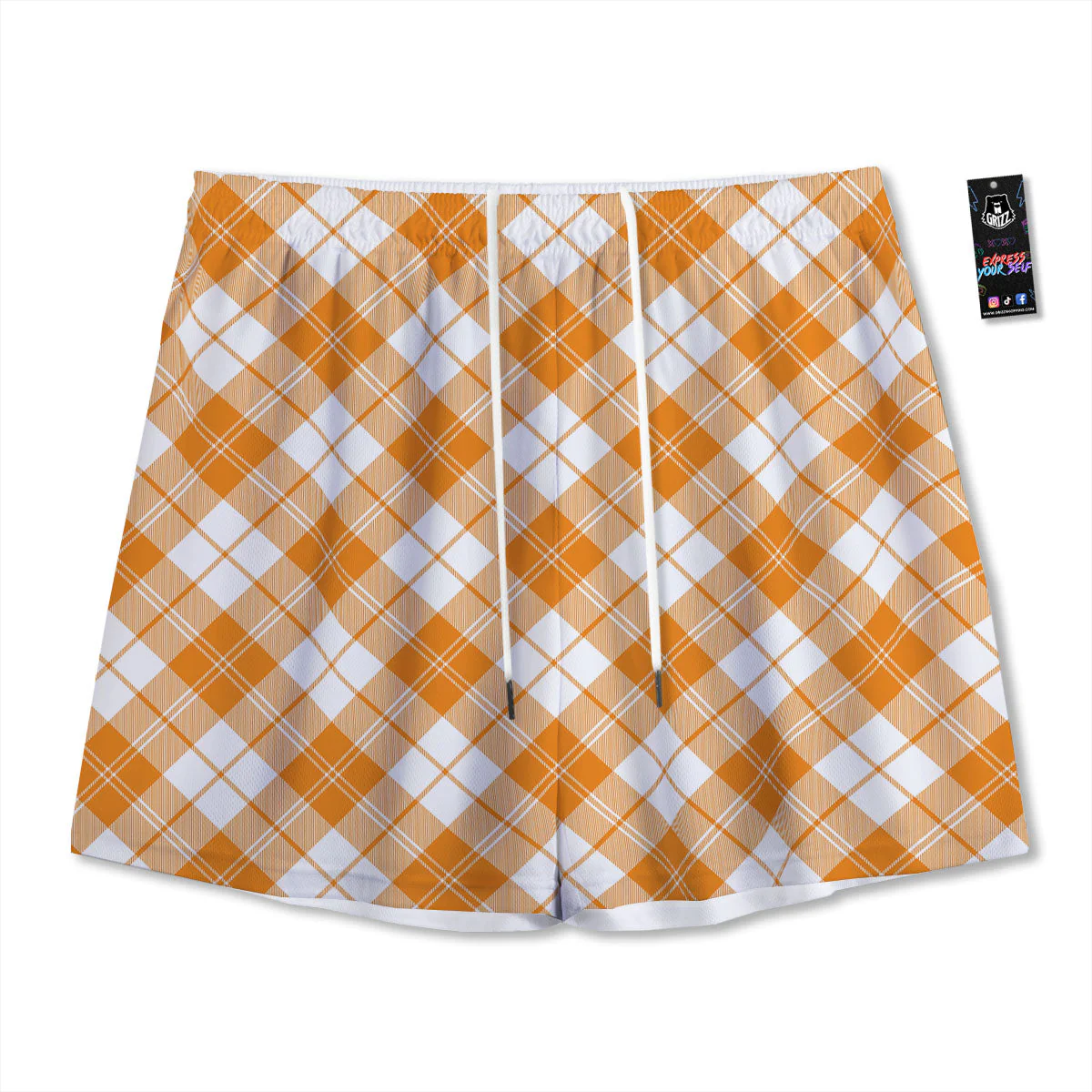 Argyle White And Orange Print Pattern Mesh Shorts