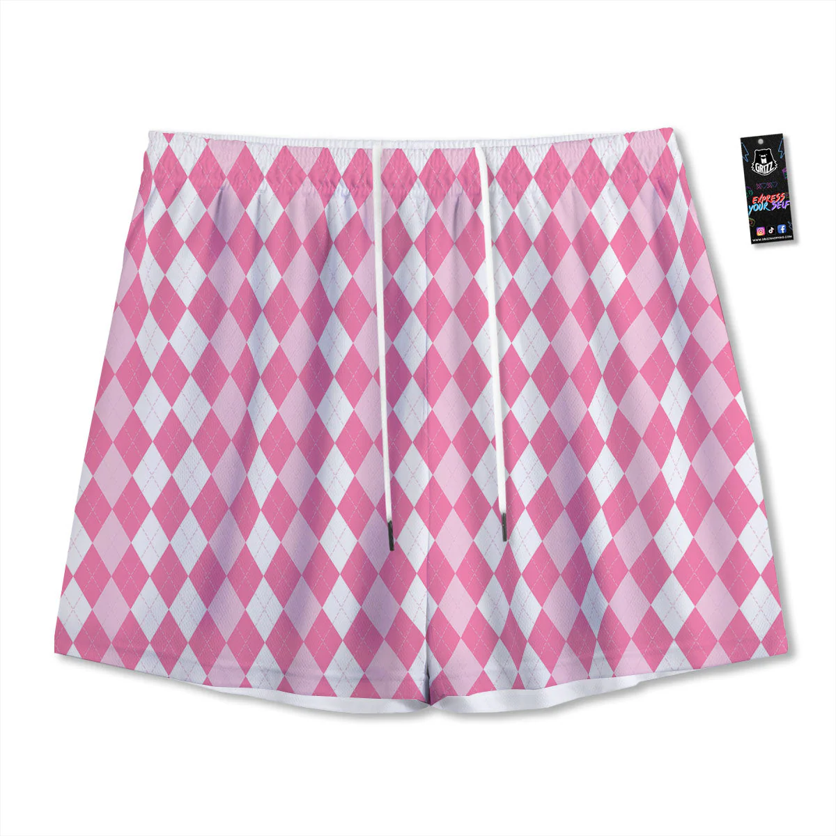 Argyle White And Pink Print Pattern Mesh Shorts